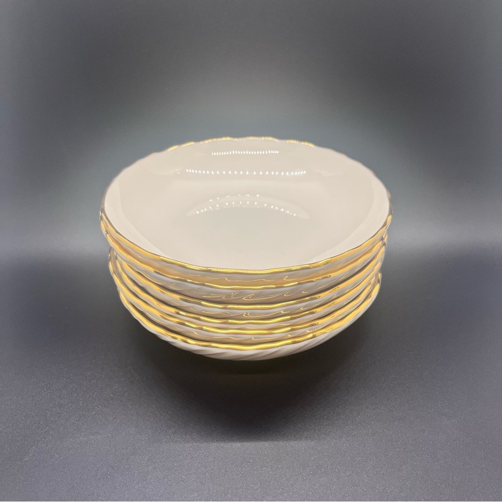 *SOLD* Set of (6) Embossed Lenox Laurent Cream Dessert Bowls With Gold Rim